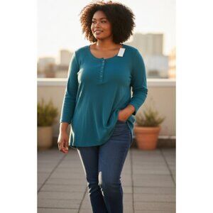 NWT Turquoise Blue LAURA SCOTT Henley Top Womans Plus Size 1X